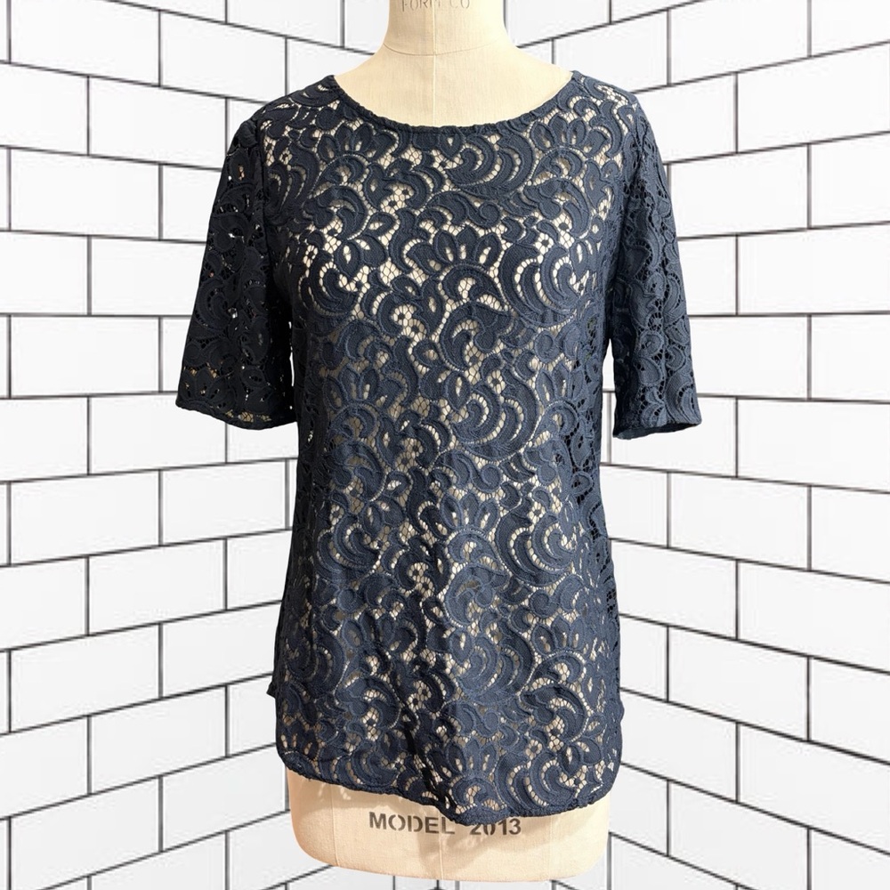 LOFT Navy Blue Lace Cutout Blouse Top Classic Women's Size Medium